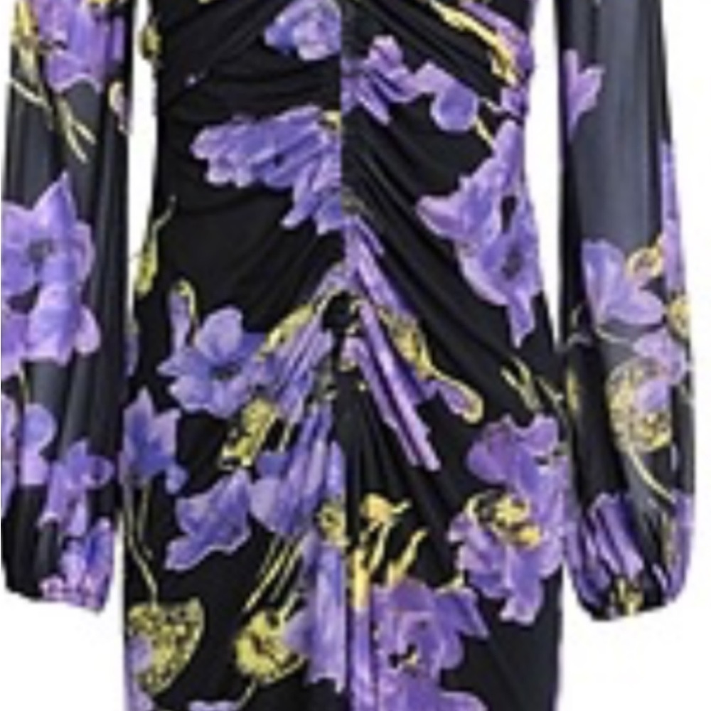 Topshop Black Purple Floral Maxi Dress Size 4 Twist Front Long Sleeve Romantic